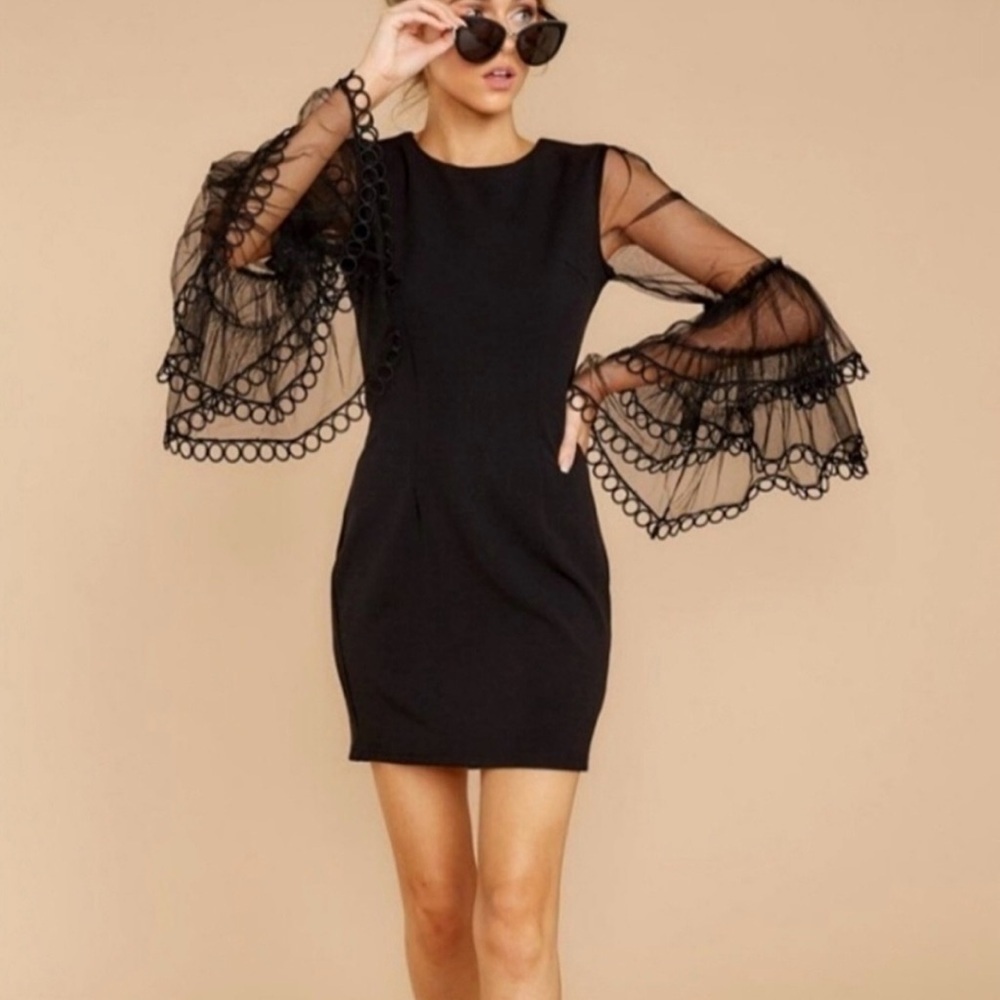 Ina Black Cocktail Party Evening Dress Sheer Bell Sleeve Details Size L